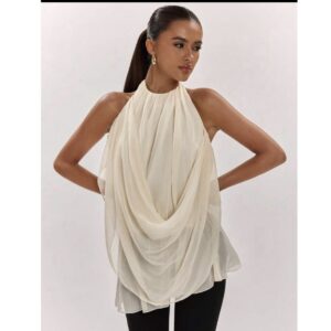 SHEIN halter pleated chiffon classy backless top in apricot cream off white L