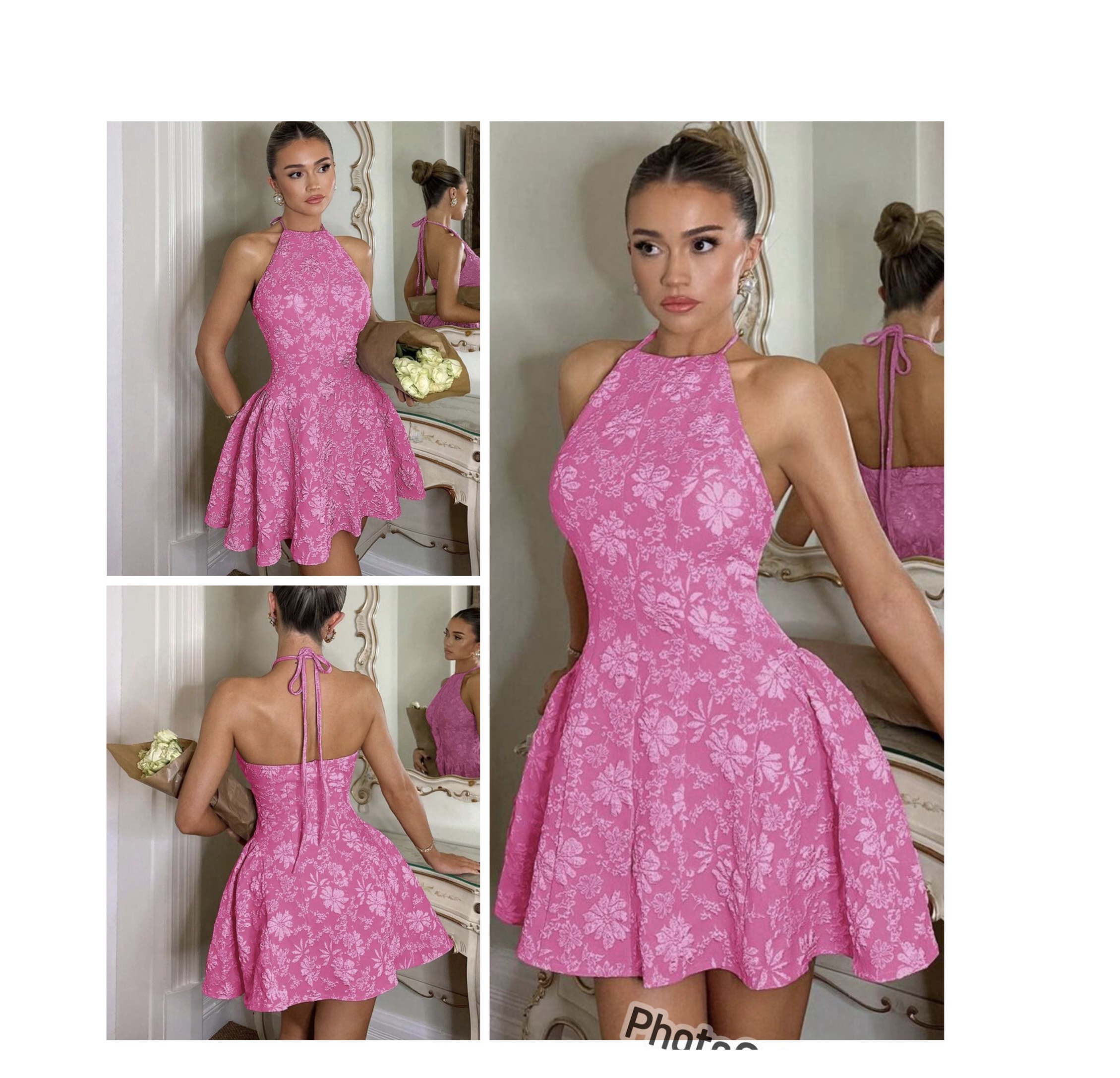 SHEIN halter floral jacquard mini dress in Pink mix M SHEIN halter floral jacquard mini dress in Pink mix M - Image 2