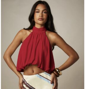 SHEIN halter puffy gathered drape style crop top in red M