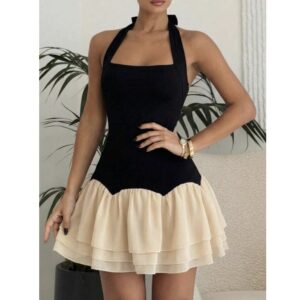 SHEIN halter tie neck backless girlie ruffle dress in black & off white apricot mix  L