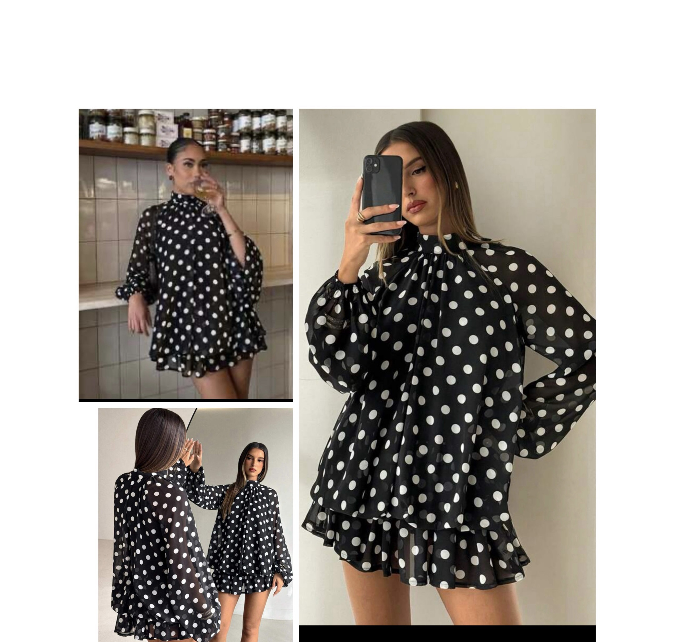 SHEIN long sleeve high neck classy tea party ruffle polka dress in white & black L SHEIN long sleeve high neck classy tea party ruffle polka dress in white & black L - Image 2