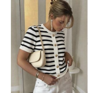 SHEIN stripe knit short sleeve  top in white & black with gold button L