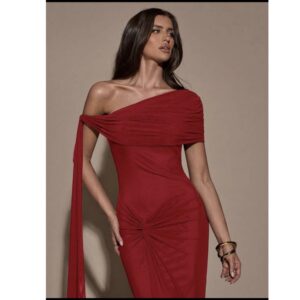 SHEIN off shoulder one shoulder drape ruched maxi dress in red L