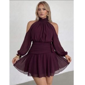 SHEIN cold shoulder long sleeve ruffle mini dress in burgundy  XL