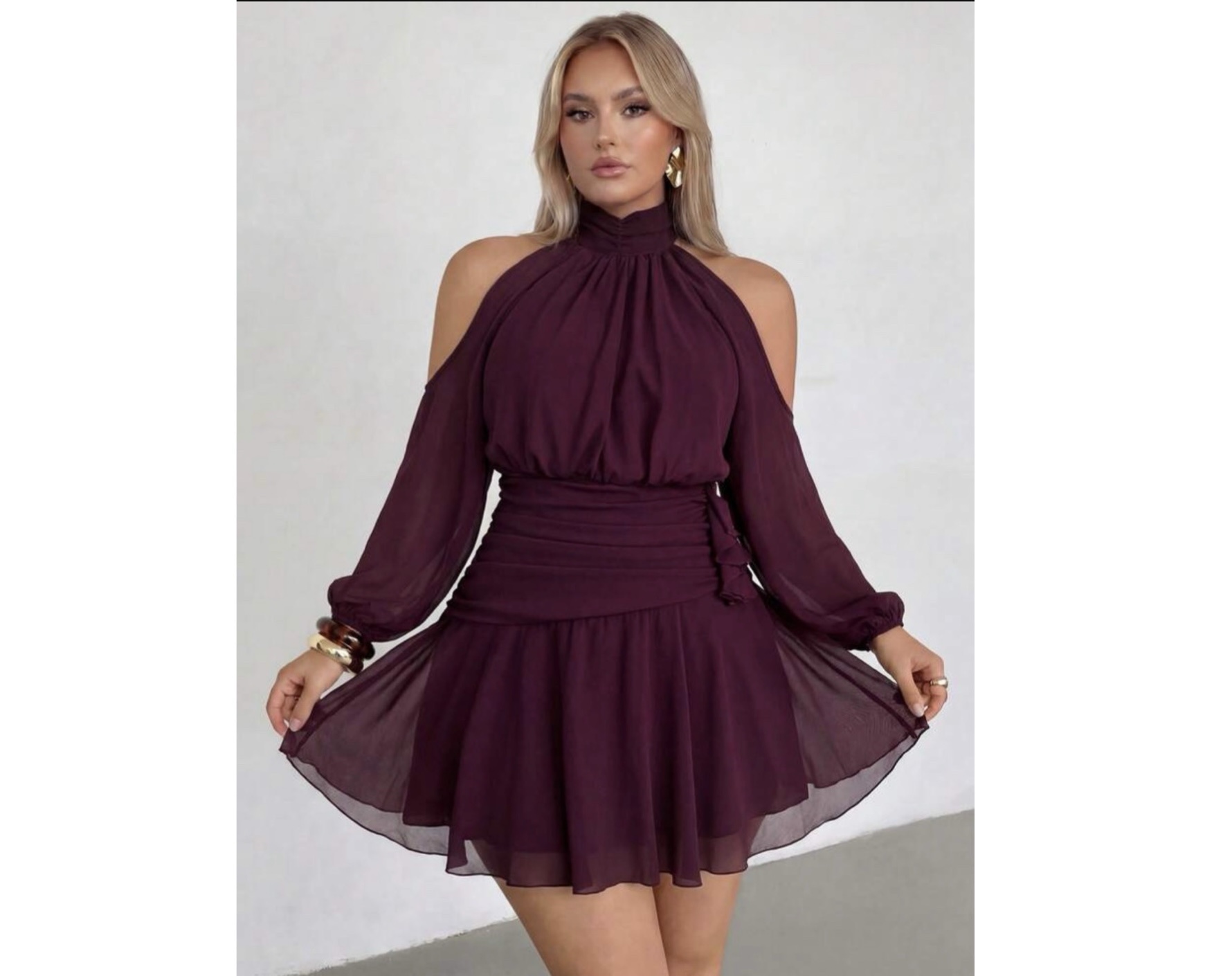SHEIN cold shoulder long sleeve ruffle mini dress in burgundy XL SHEIN cold shoulder long sleeve ruffle mini dress in burgundy XL