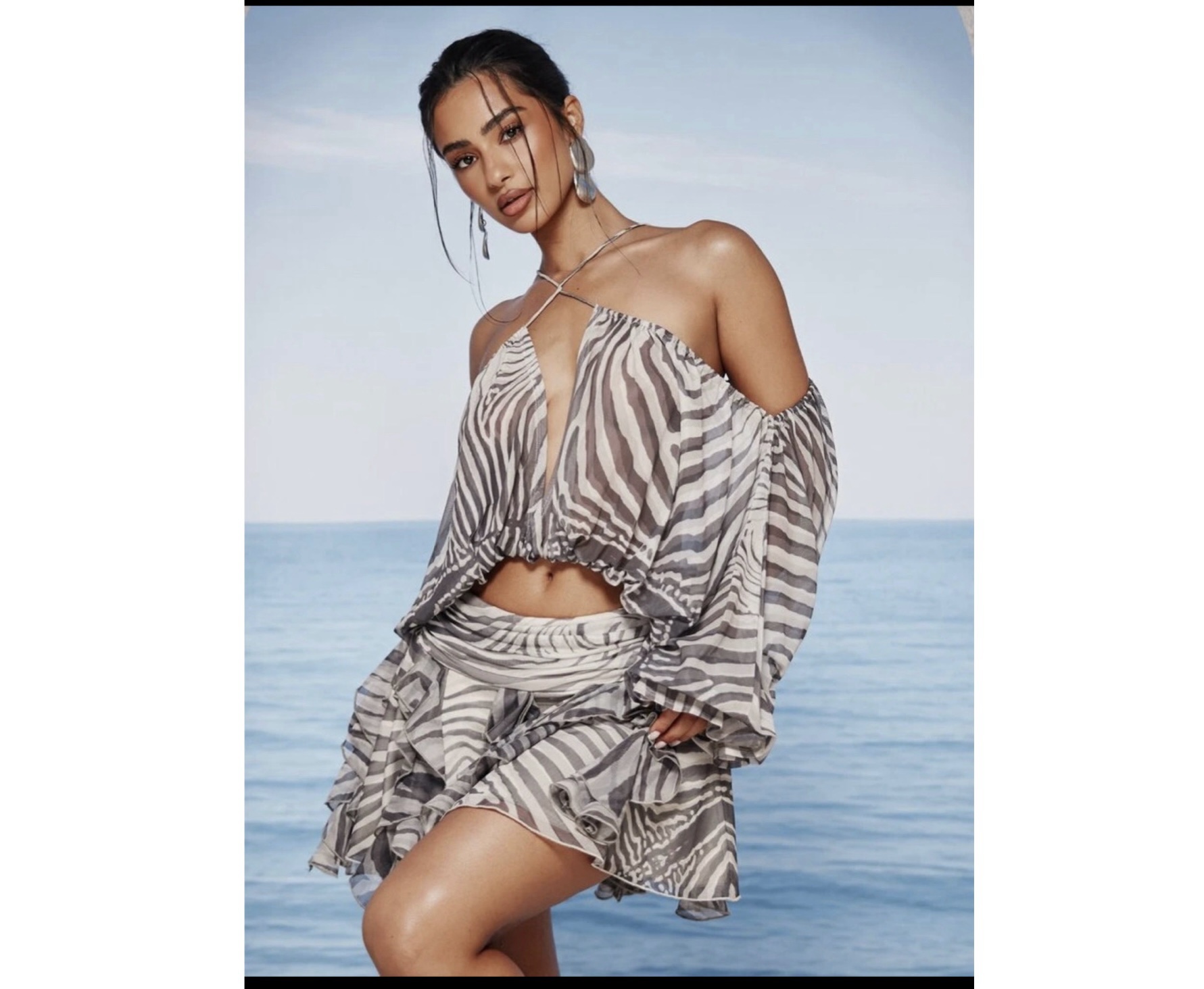SHEIN two piece off shoulder halter chiffon ruffle bell sleeve crop top & skirt set in multicolor grey zebra mix multi color SHEIN two piece off shoulder halter chiffon ruffle bell sleeve crop top & skirt set in multicolor grey zebra mix multi color