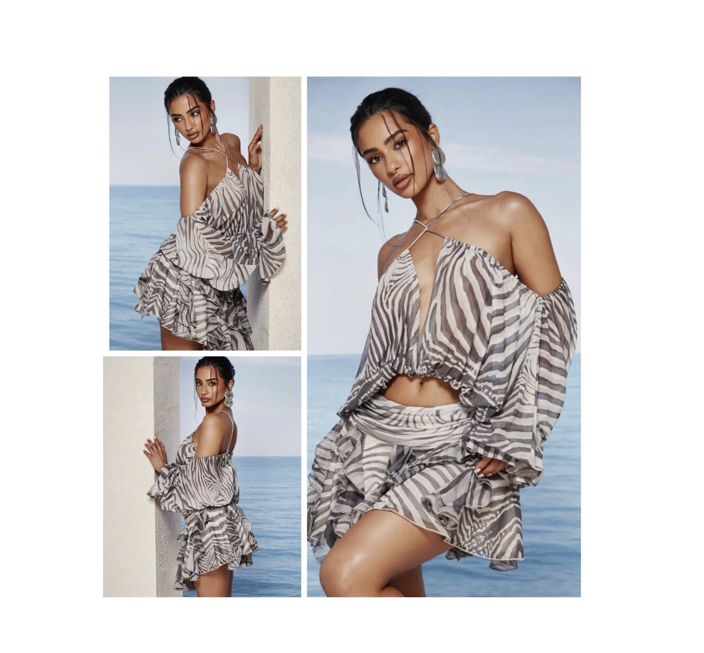 SHEIN two piece off shoulder halter chiffon ruffle bell sleeve crop top & skirt set in multicolor grey zebra mix multi color SHEIN two piece off shoulder halter chiffon ruffle bell sleeve crop top & skirt set in multicolor grey zebra mix multi color - Image 2