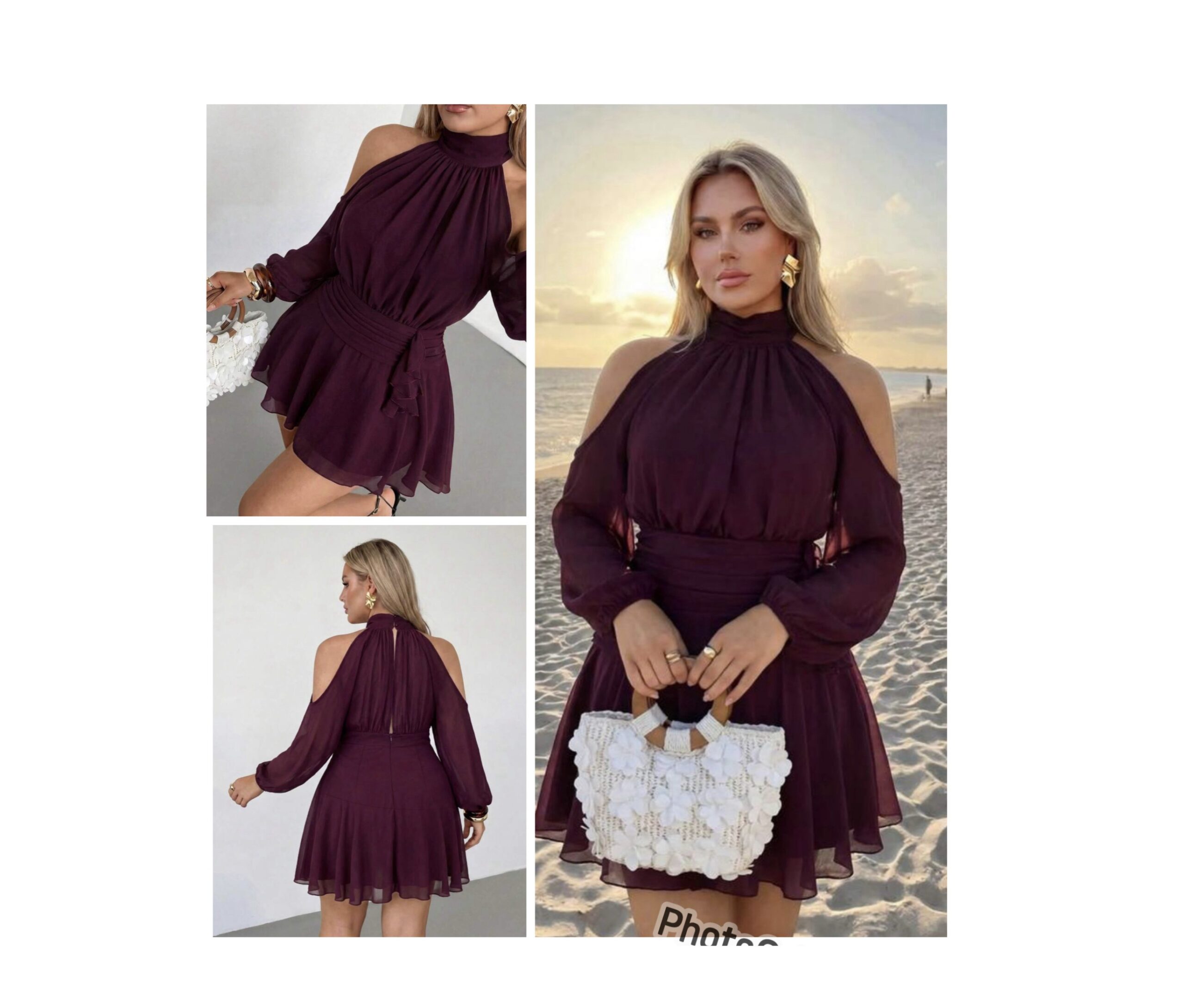 SHEIN cold shoulder long sleeve ruffle mini dress in burgundy XL SHEIN cold shoulder long sleeve ruffle mini dress in burgundy XL - Image 2
