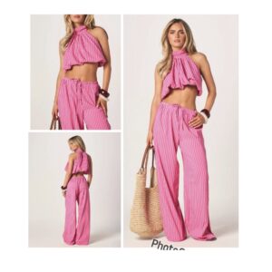 Missguided  two piece pant and halter crop top in stripe pink
