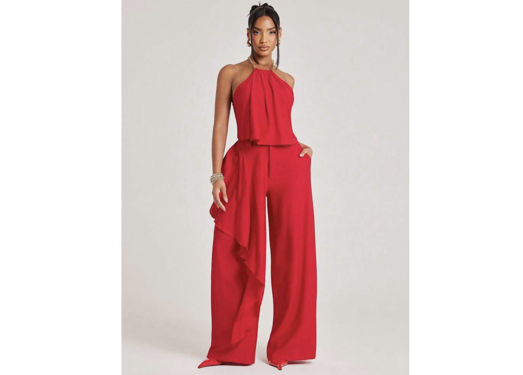 SHEIN halter chain neck & drape pant two piece set in red L SHEIN halter chain neck & drape pant two piece set in red L