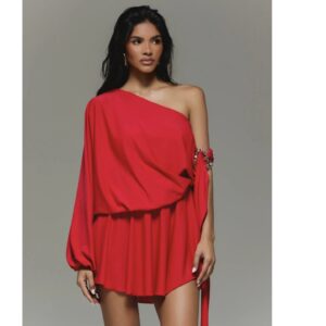SHEIN kizn one shoulder drape mini dress in red with gold buckle details