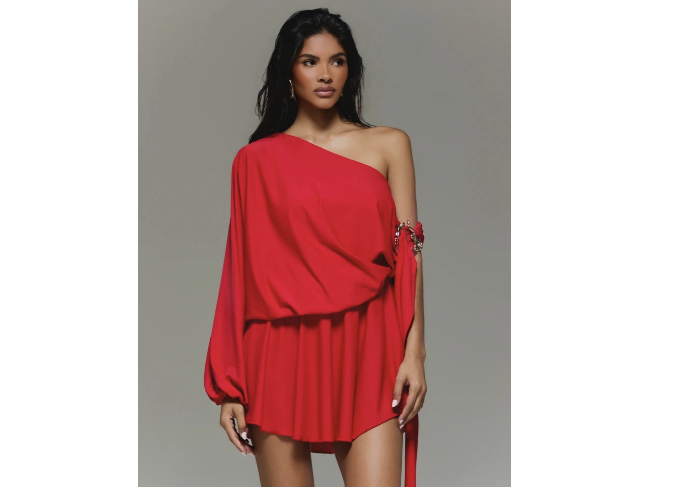 SHEIN kizn one shoulder drape mini dress in red with gold buckle details SHEIN kizn one shoulder drape mini dress in red with gold buckle details