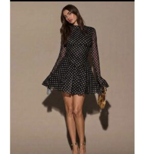SHEIN bae polka flare sleeve  with slit mini dress in black & white  L