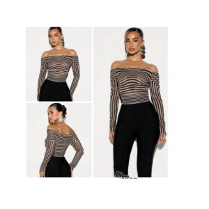 SHEIN kizn off shoulder stripe long sleeve mesh top in black & brown nude