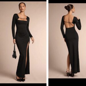 Shein maxi long sleeve high side slit cut out front and back dress in black 12/14
