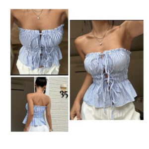 SHEIN tube  stripe  tie front top in blue & white 10