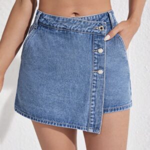 Shein high waist denim light wash skort /skirt with button