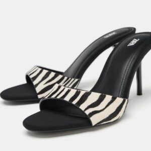 Zara printed leather sandals   with sheep skin in multicolor black & white mule