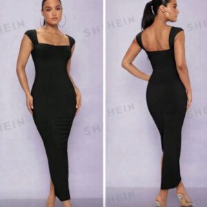 Shein square solid neck bodycon dress in black 12/14