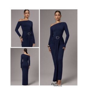 Shein solid cold shoulder assymetric maxi dress in navy blue