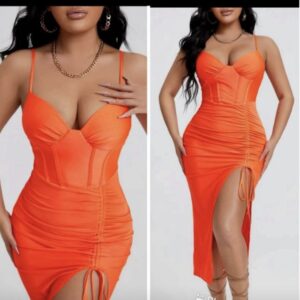 Shein orange slit thigh drawstring dress 12/14