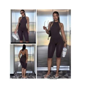 SHEIN classy halter backless playsuit romper in mocha brown