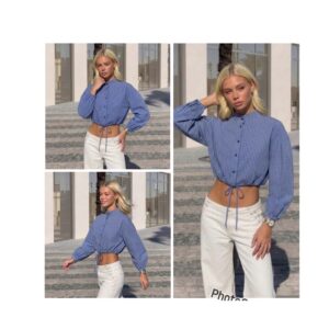 SHEIN elegant long sleeve check stripe crop top shirt in blue