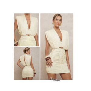 SHEIN classy mini ruched dress with belt details in cream off white apricot  L