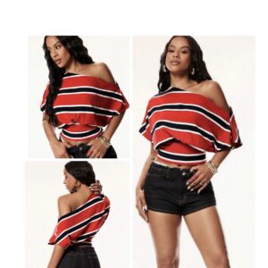 SHEIN assymetric shoulder stripe crop top in red mix M