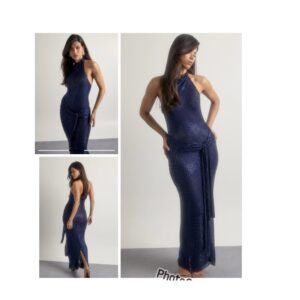 Boohoo premium hot fix sheer tie front maxi dress in navy blue 12