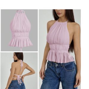 SHEIN petite halter sexy tie back top in light pink mauve purple L