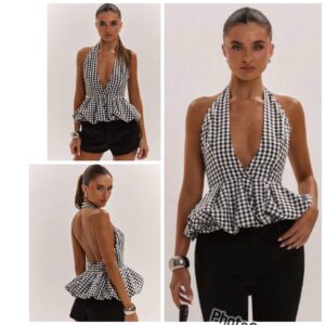 SHEIN halter backless Check plaid sexy top in white & black with puff L