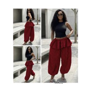 SHEIN check  plaid pattern elastic waist ankle cuffed pants in red & black
