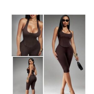 SHEIN radiana elegant  backless halter top & capri leggings in coffee brown 12/14