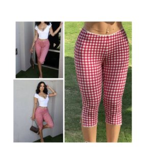 Shein plaid knit elastic capri leggings in red & white  M