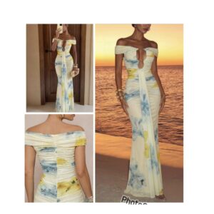 SHEIN classy off shoulder front cut out  maxi dress in floral front drape multi color