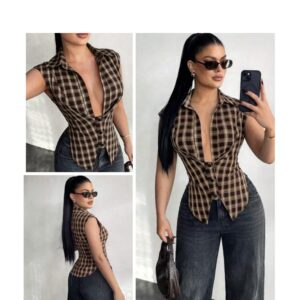 SHEIN sexy  collar plaid top in dark brown