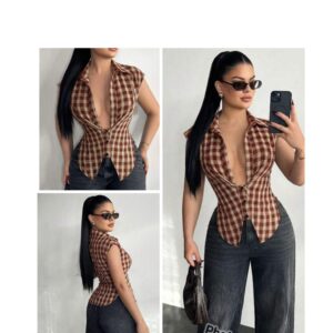 SHEIN sexy plaid collar top in coral light brown S