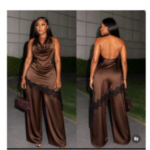 SHEIN two piece silk halter top and pant Lacey set in brown L