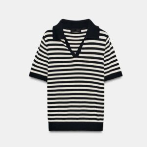 Zara striped short sleeve knit polo shirt in black  with collar M
