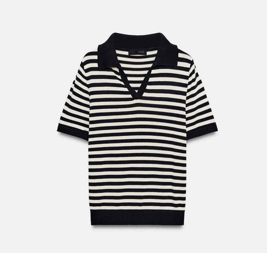 Zara striped short sleeve knit polo shirt in black with collar M Zara striped short sleeve knit polo shirt in black with collar M