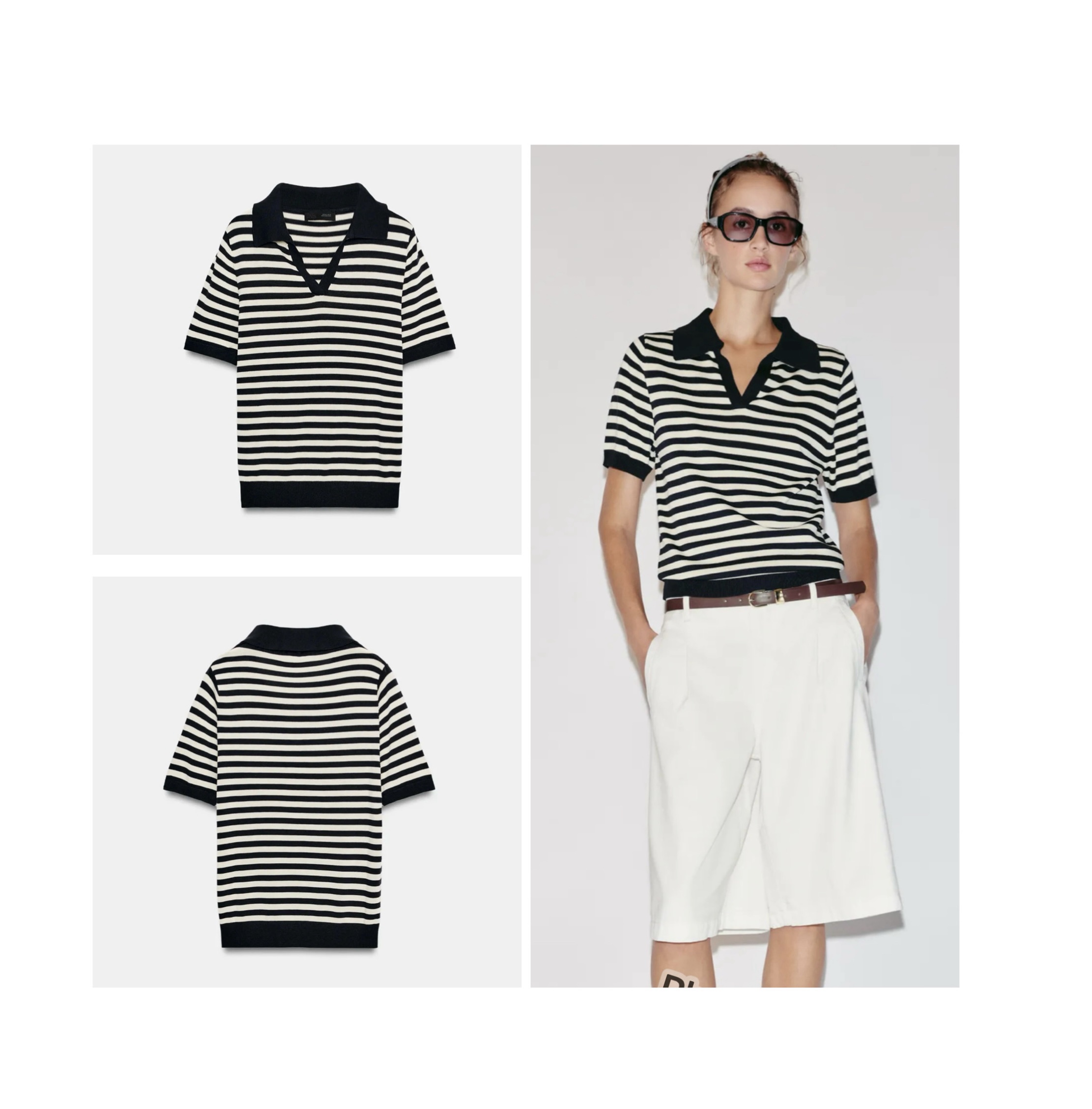 Zara striped short sleeve knit polo shirt in black with collar M Zara striped short sleeve knit polo shirt in black with collar M - Image 2