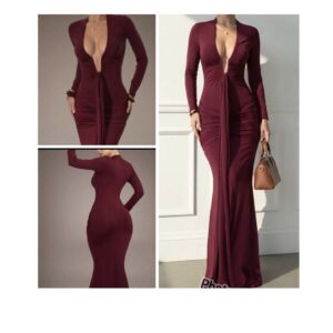 SHEIN classy long sleeve  fitted elegant deep plunge in maxi burgundy