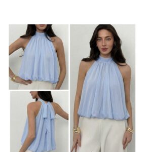SHEIN halter chiffon puffy top in light blue L