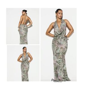 SHEIN halter maxi backless drape dress in multicolor green floral L