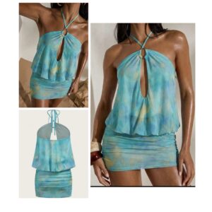 SHEIN classy halter key hole abstract print in  multicolor green blue mix M