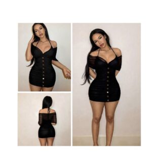 SHEIN halter mesh button dress in black