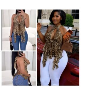 SHEIN halter high neck deep key hole  animal print tie back top in khaki Brown mix M