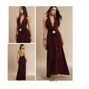 SHEIN halter classy  deep v with gold detail in red glitter maxi dress L