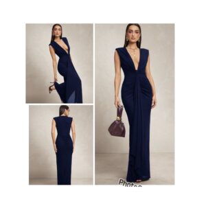 SHEIN  maxi deep  v neck with drape dress in navy blue 10
